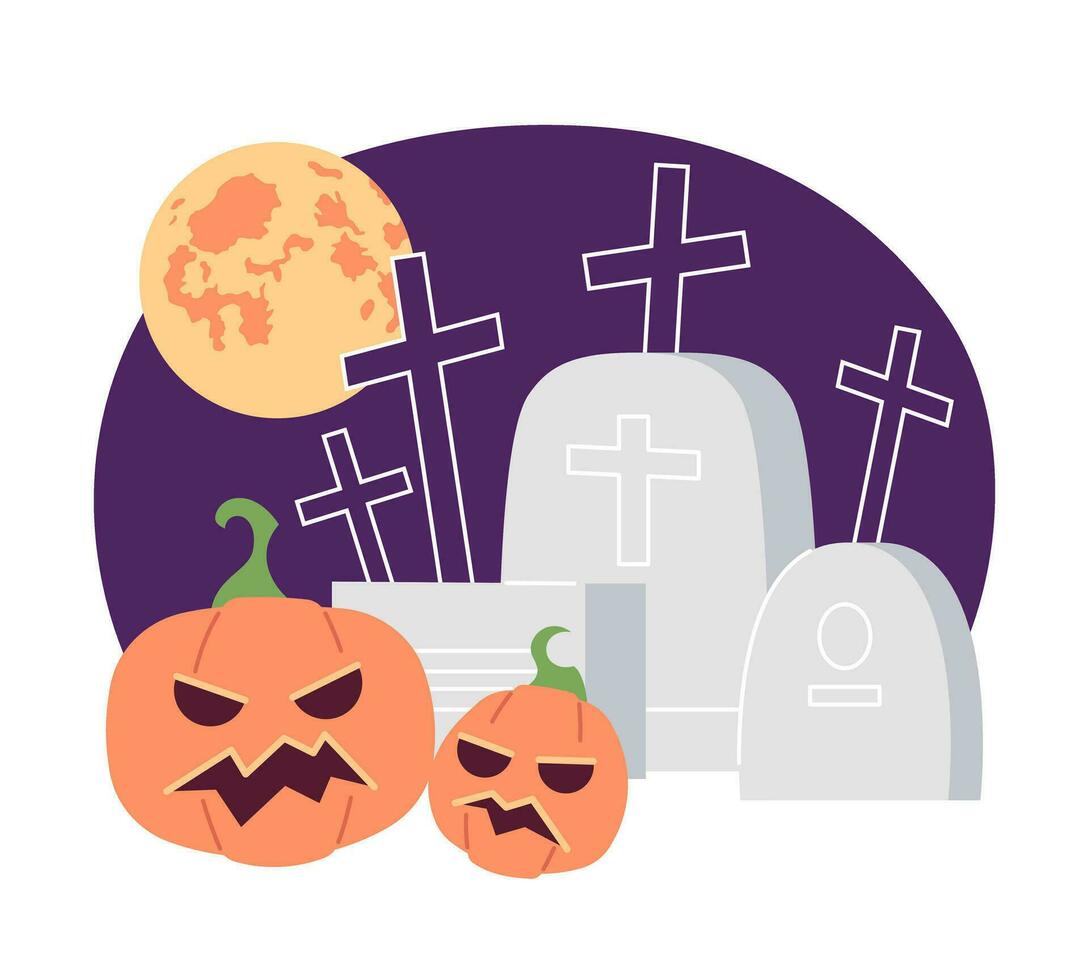 lápidas calabazas con lleno Luna plano concepto vector Mancha ilustración. cruzar cementerio escalofriante Jack o linternas 2d dibujos animados escena en blanco para web ui diseño. aislado editable creativo héroe imagen