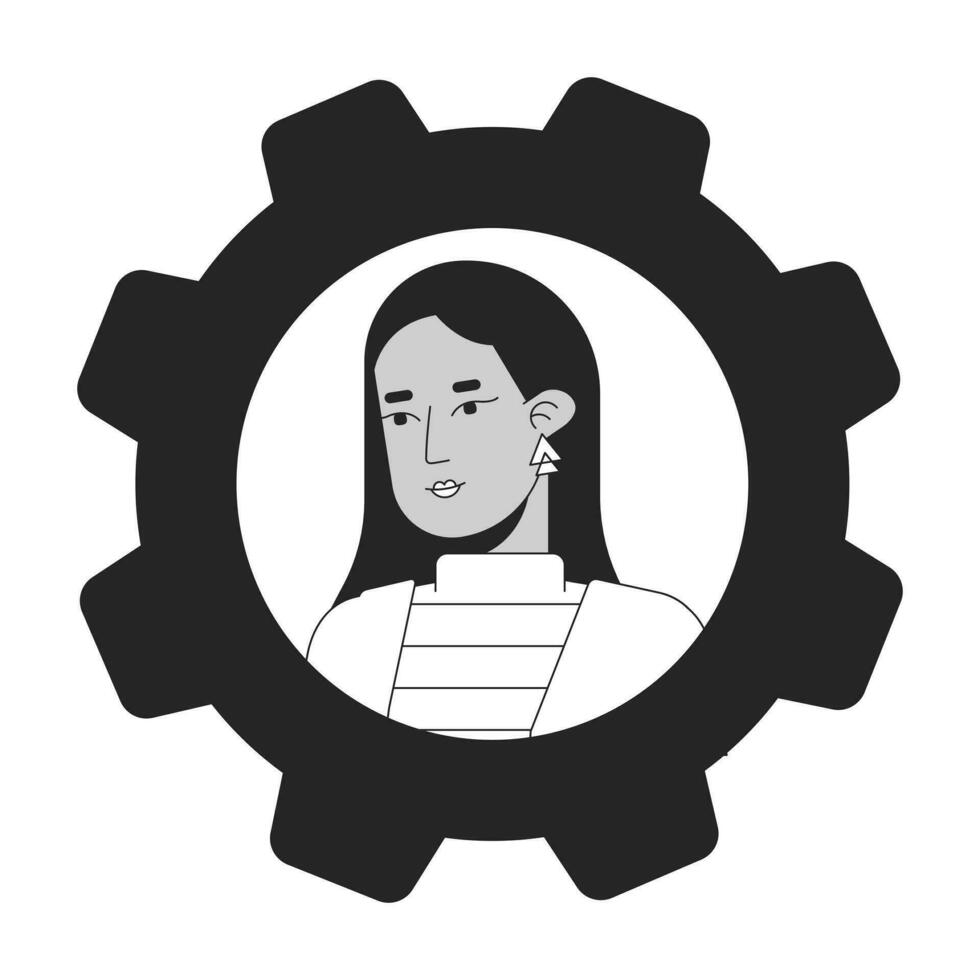 Middle eastern business woman black white cartoon avatar icon. Editable 2D character user portrait, linear flat illustration. Vector face profile cogwheel. Outline person head and shoulders