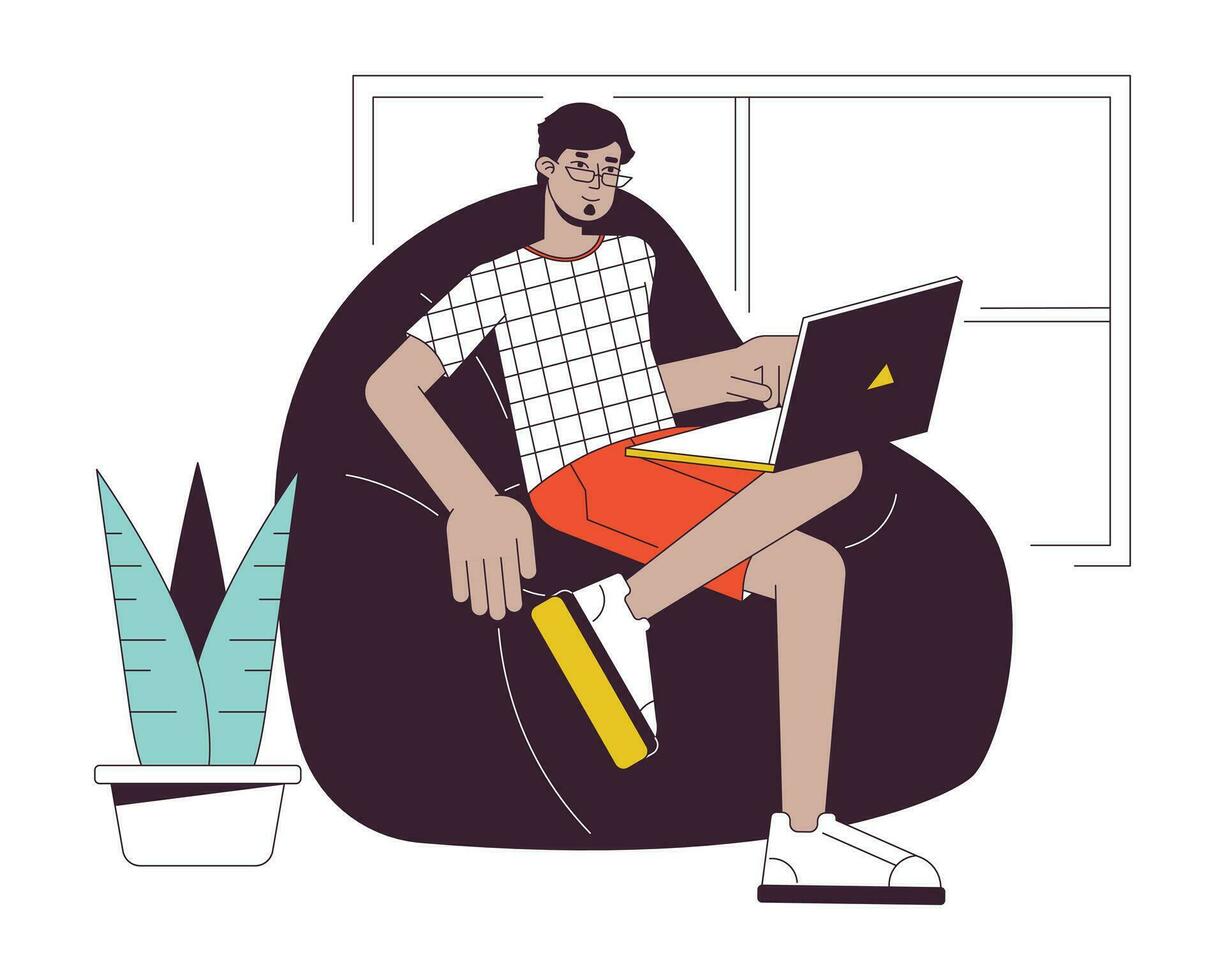Muslim freelancer working at home flat line concept vector spot illustration. Remote work 2D cartoon outline character on white for web UI design. Editable isolated color hero image