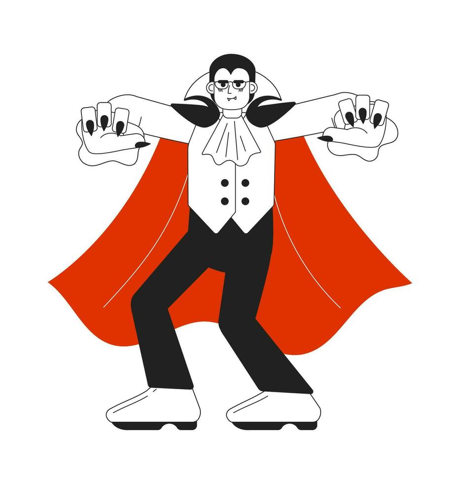 masculino vampiro pedir dulce o truco monocromo concepto vector Mancha ilustración. Víspera de Todos los Santos fiesta 2d plano bw dibujos animados personaje para web ui diseño. vampiro cosplay aislado editable mano dibujado héroe imagen