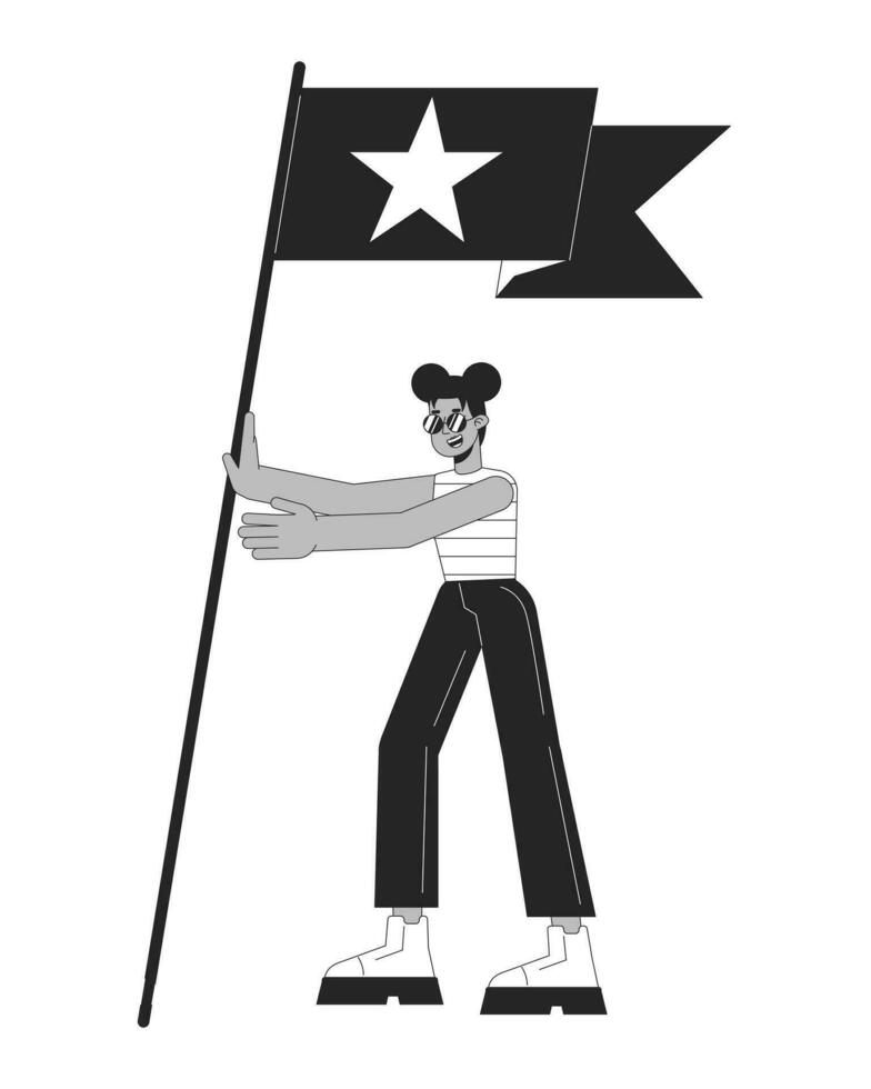 African american streetwear girl with flag flat line black white vector character. Editable outline full body person. Fangirling simple cartoon isolated spot illustration for web graphic design