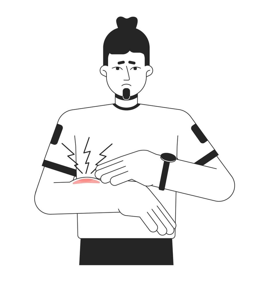 Unhappy asian man has bruise flat line black white vector character. Editable outline half body man with injured hand on white. Simple cartoon isolated spot illustration for web graphic design