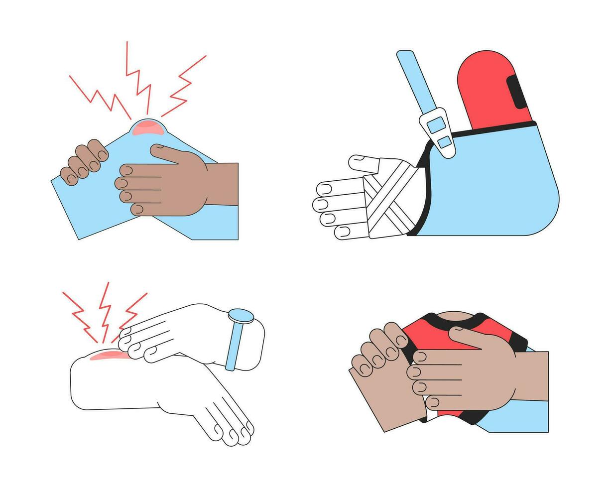 Human traumas flat line color isolated vector object. Arm and leg injuries. Editable clip art image on white background. Simple outline cartoon spot illustration for web design