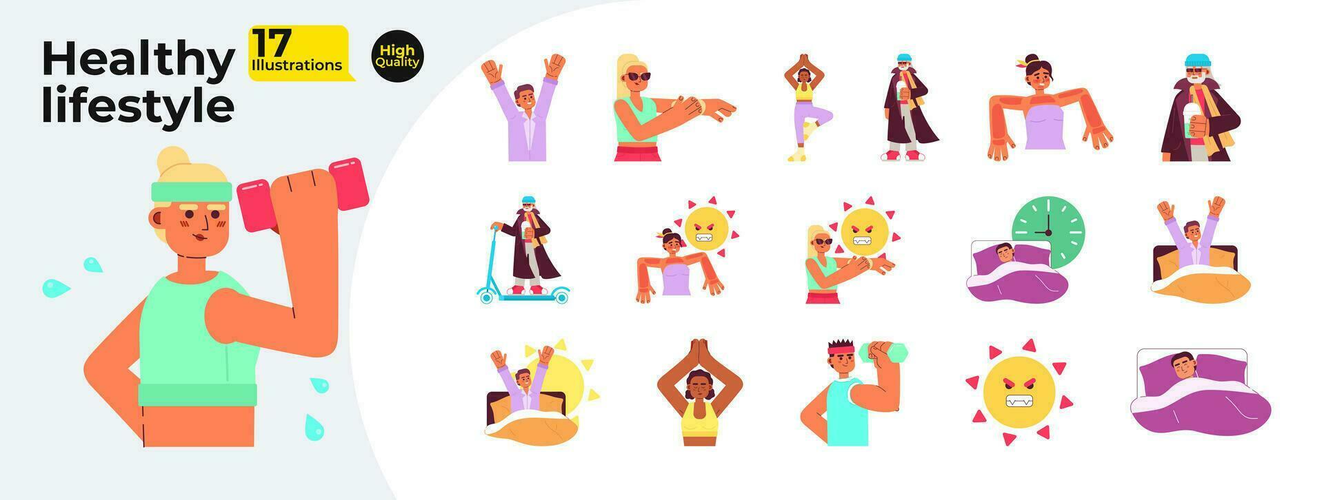 Healthy lifestyle flat concept vector spot illustrations bundle. Daily sport routine 2D cartoon characters on white for web UI design. Active lifestyle isolated editable creative hero image collection