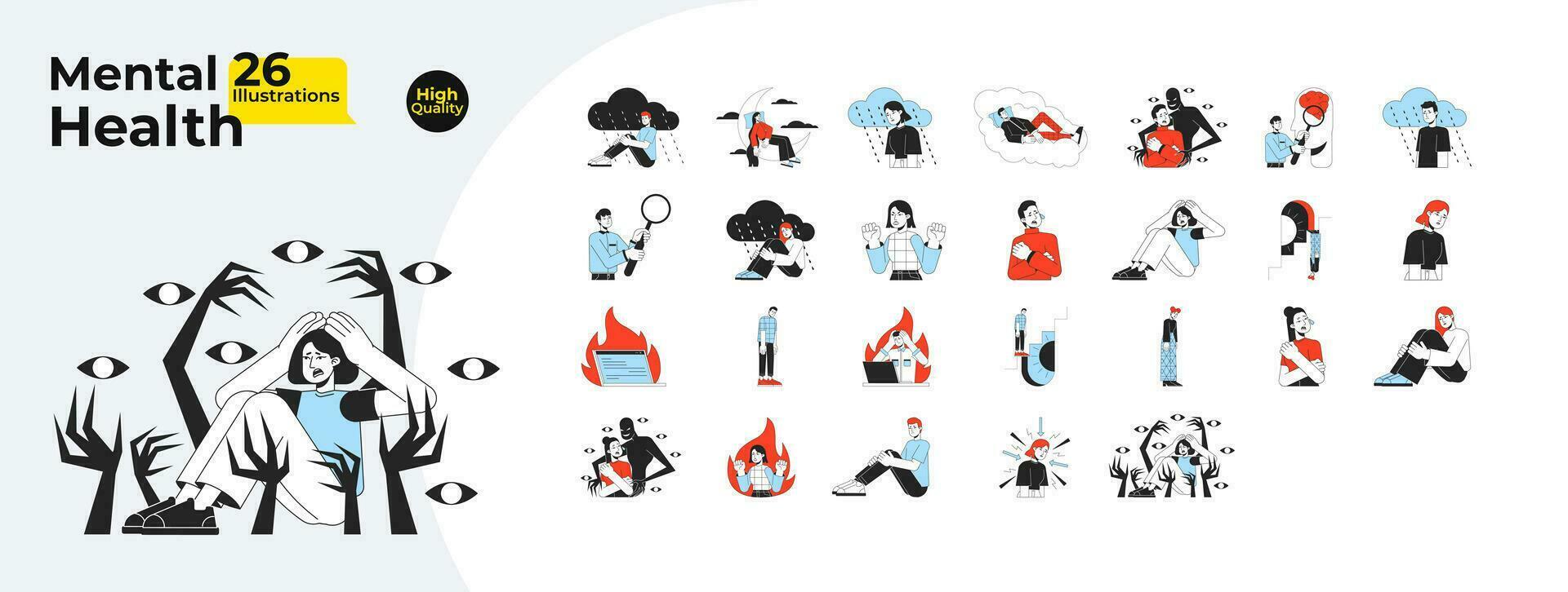 Mental health and psychology problem flat line concept vector spot illustrations bundle. People with mental illness 2D cartoon characters on white for web UI design. Editable hero image collection