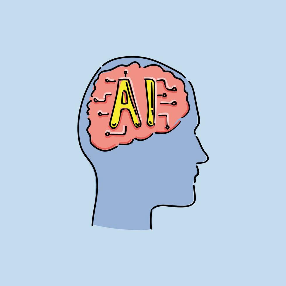 AI. Electronic brain. Silhouette of human head with artificial intelligence brain. Cybernetic artificial neural network. Electronic mind. Neuronet, deep machine learning concept. vector
