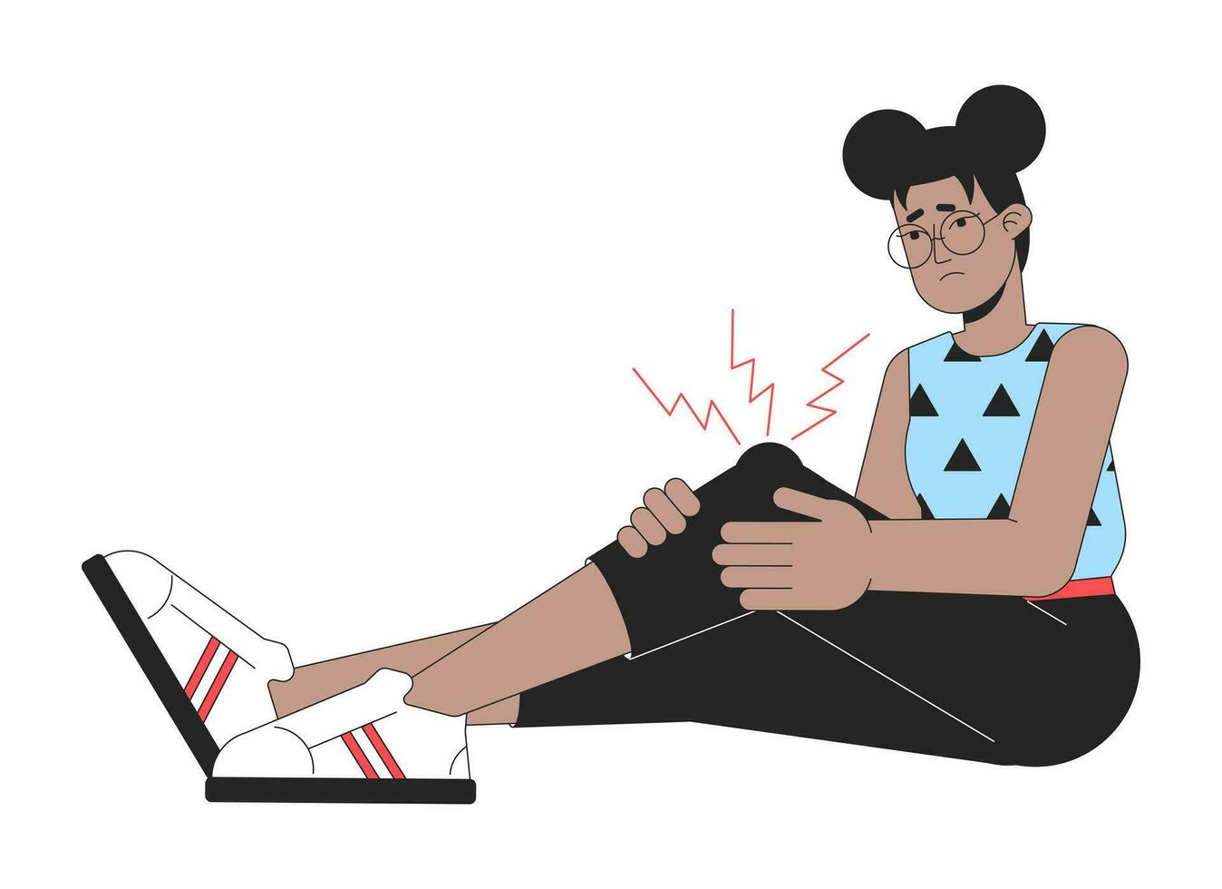 Woman with knees trauma flat line color vector character. Editable outline full body young woman sitting and cover injury on leg on white. Simple cartoon spot illustration for web graphic design