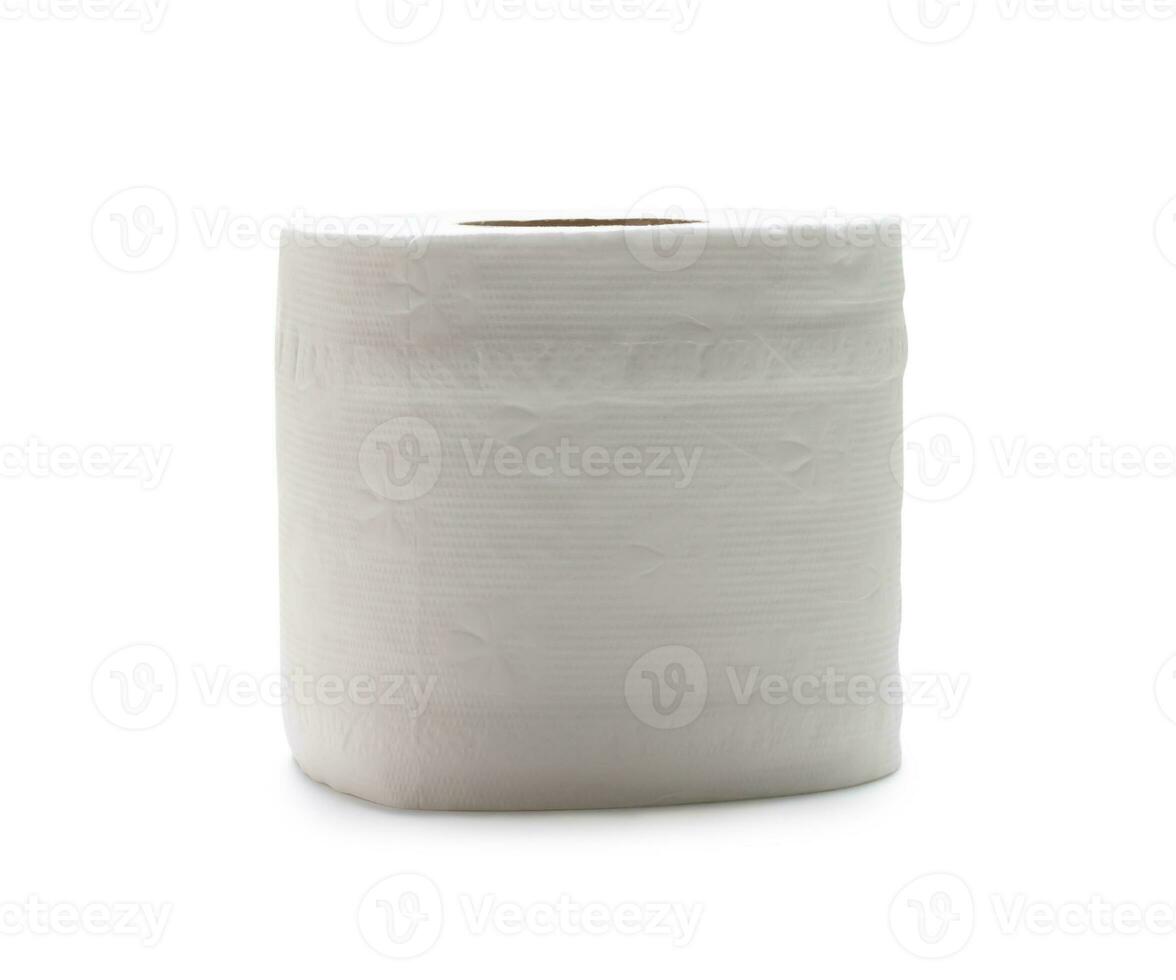 Single roll of white tissue paper or napkin prepared for use in toilet or restroom isolated on white background with clipping path. photo