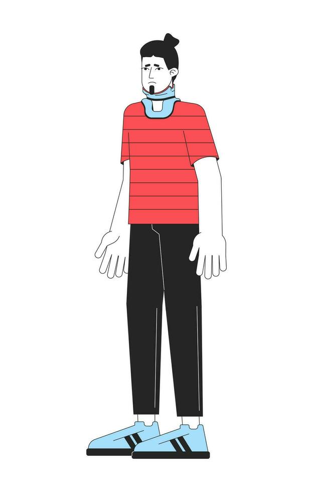 Sad young man in neck bandage flat line color vector character. Editable outline full body sick man with neck injury on white. Simple cartoon spot illustration for web graphic design