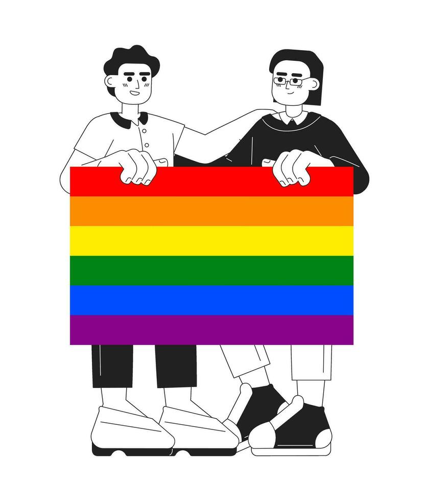 lgbt comunidad monocromo plano vector caracteres. editable Delgado línea lleno cuerpo de personas sostener lgbtq arco iris orgullo bandera en blanco. sencillo bw dibujos animados Mancha imagen para web gráfico diseño