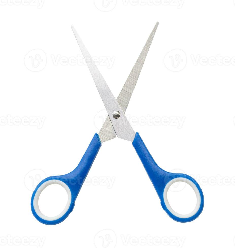 Small kid scissors with blue handle isolated on white background with clipping path. photo