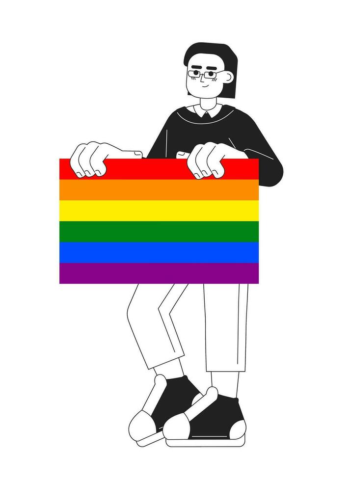 hermoso hombre sostiene lgbt arco iris orgullo bandera monocromo plano vector personaje. editable Delgado línea lleno cuerpo hombre apoyos lgbt comunidad en blanco. sencillo bw dibujos animados Mancha imagen para web gráfico diseño