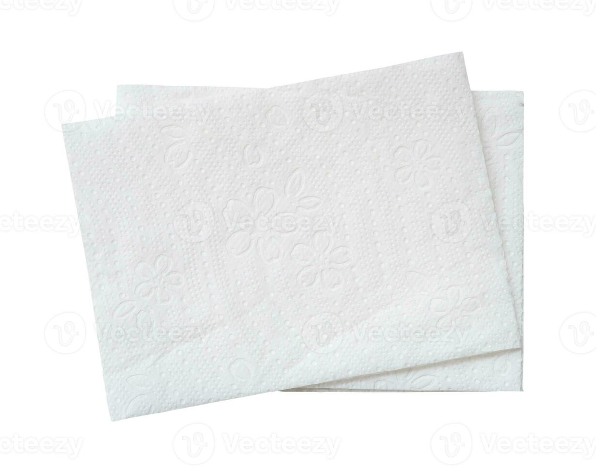 parte superior ver de dos doblada piezas de blanco pañuelo de papel papel o servilleta en apilar aislado en blanco antecedentes con recorte camino. foto
