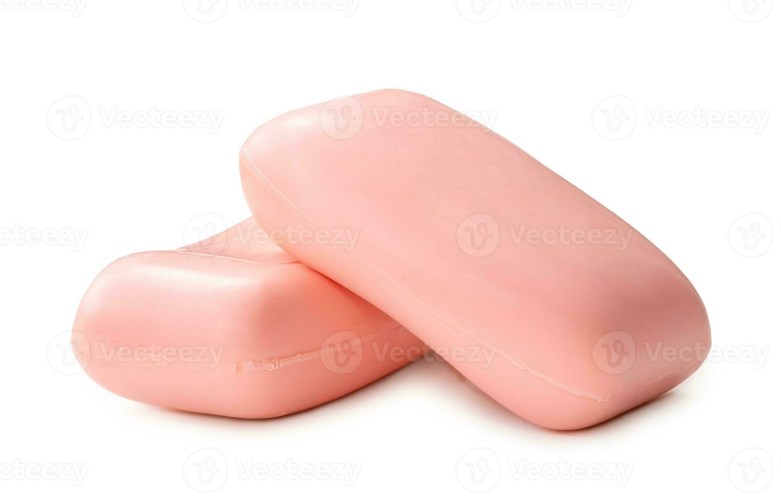 Two dry pink soap bars in stack isolated on white background with clipping path. photo