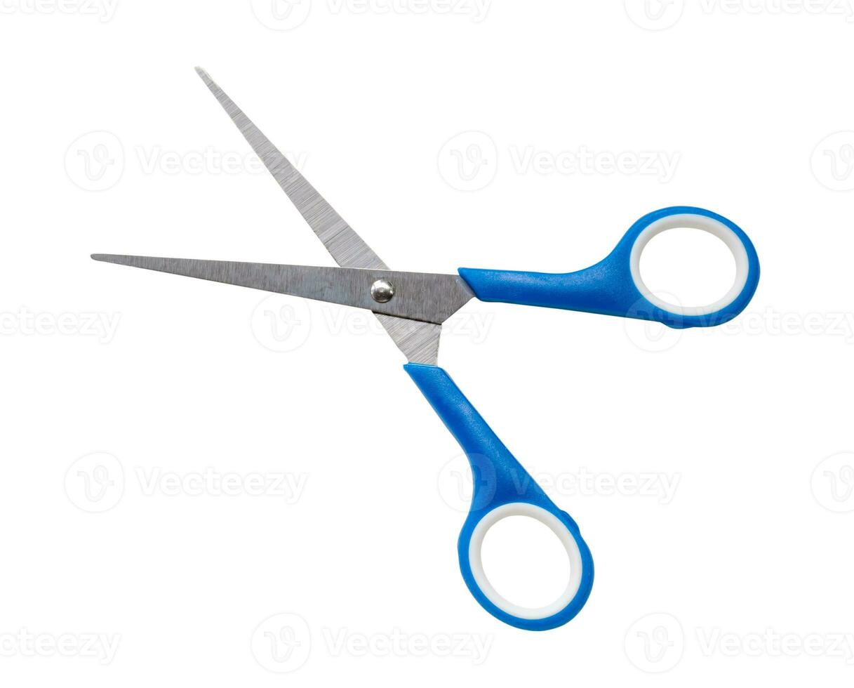 Small kid scissors with blue handle isolated on white background with clipping path. photo