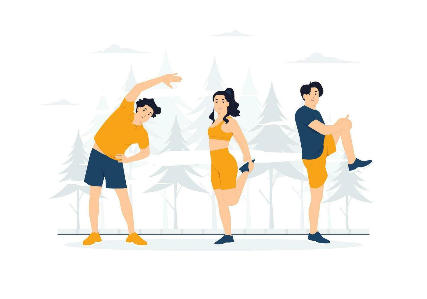 Set of sports people doing stretching fitness workout training in the gym, yoga exercise standing in different pose, Healthy lifestyle and weight loss concept illustration vector
