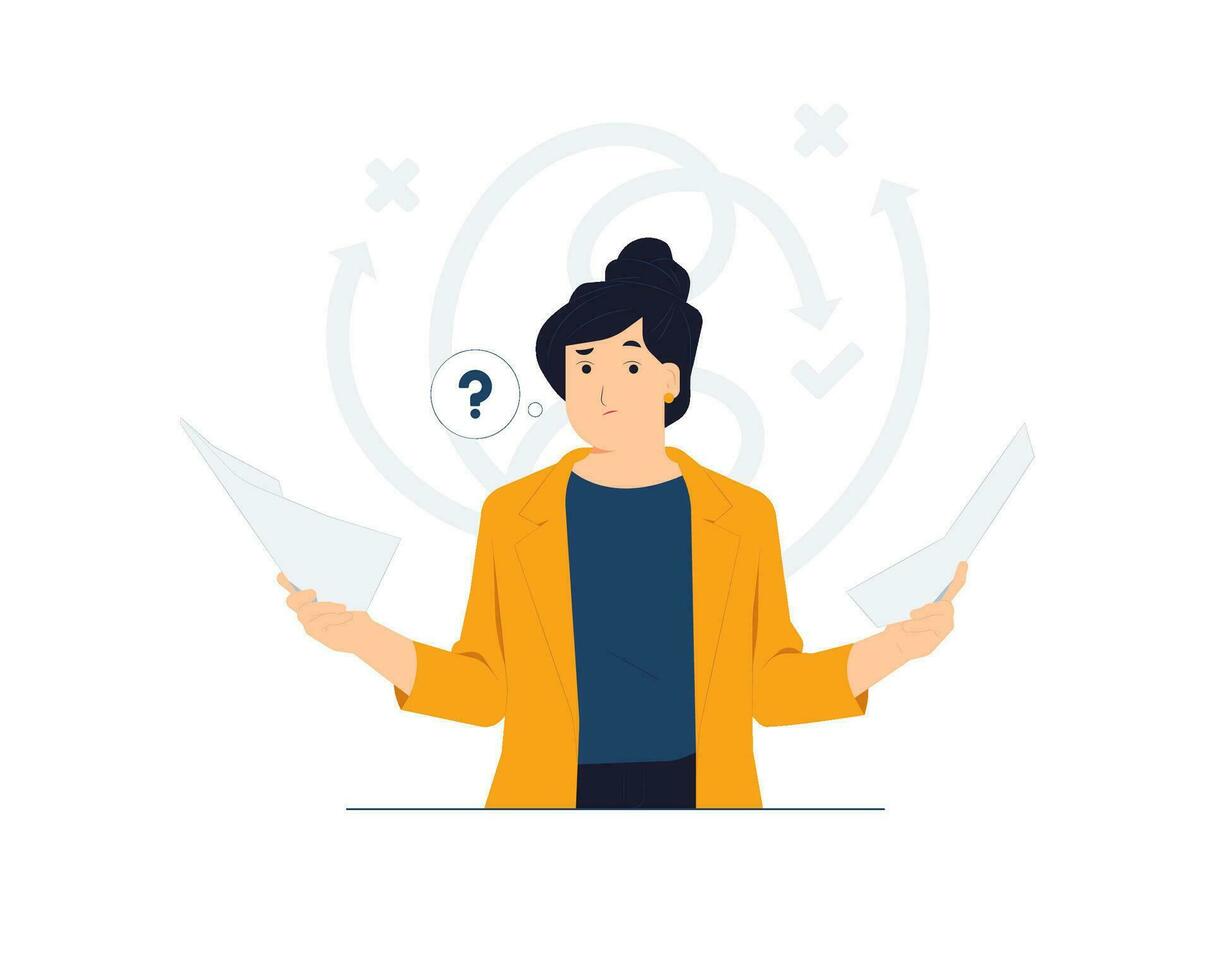 Business decision making, career path, work direction, dilemma, choose, undecided. confusing woman looking at paperwork document with question mark and think which way to success concept illustration vector