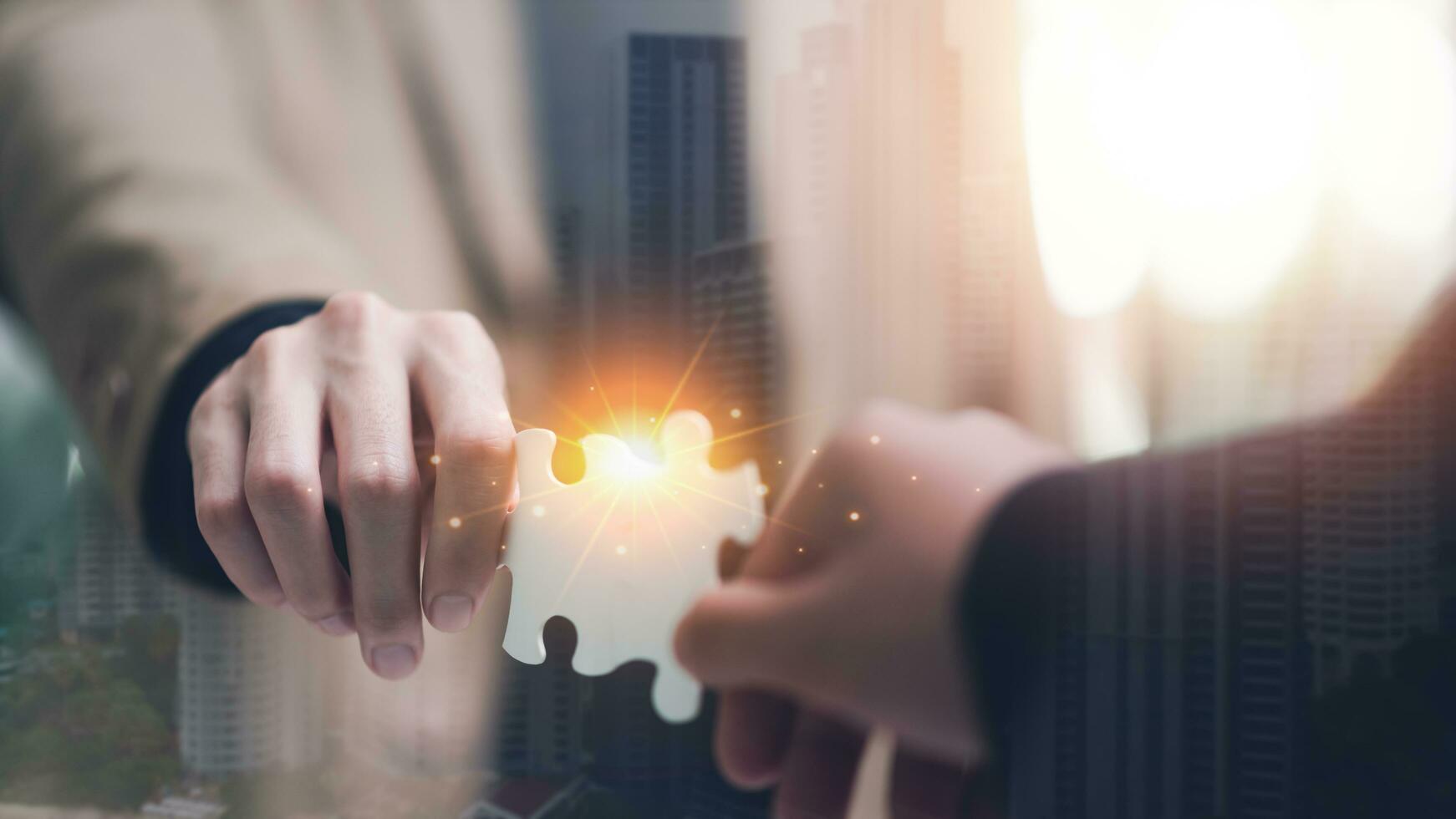 Businessman holding a puzzle piece to find a business solution ,Connecting success and problem solution from creativity ,strategic planning to develop organization ,success and strategy concept photo