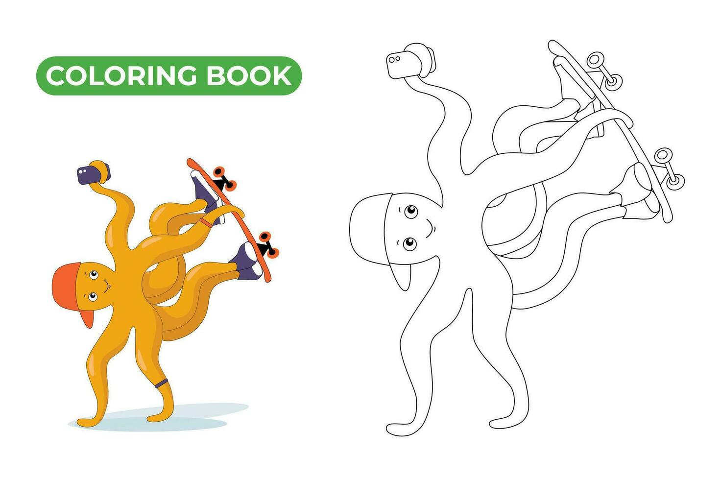 Funny teenager octopus in baseball cap and sneakers rides skateboard. Vector illustration of little boy octopus with phone. Hand draw cute sea animal plays sports. Coloring book doodle style.