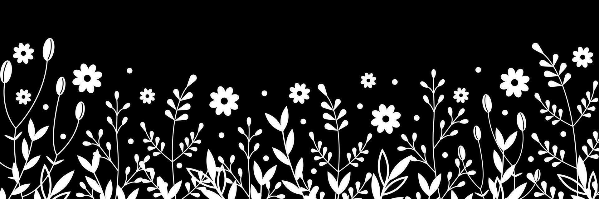 Monochrome floral border. Banner with twigs, leaves and flowers. Vector illustration. Black and white botanical night background.