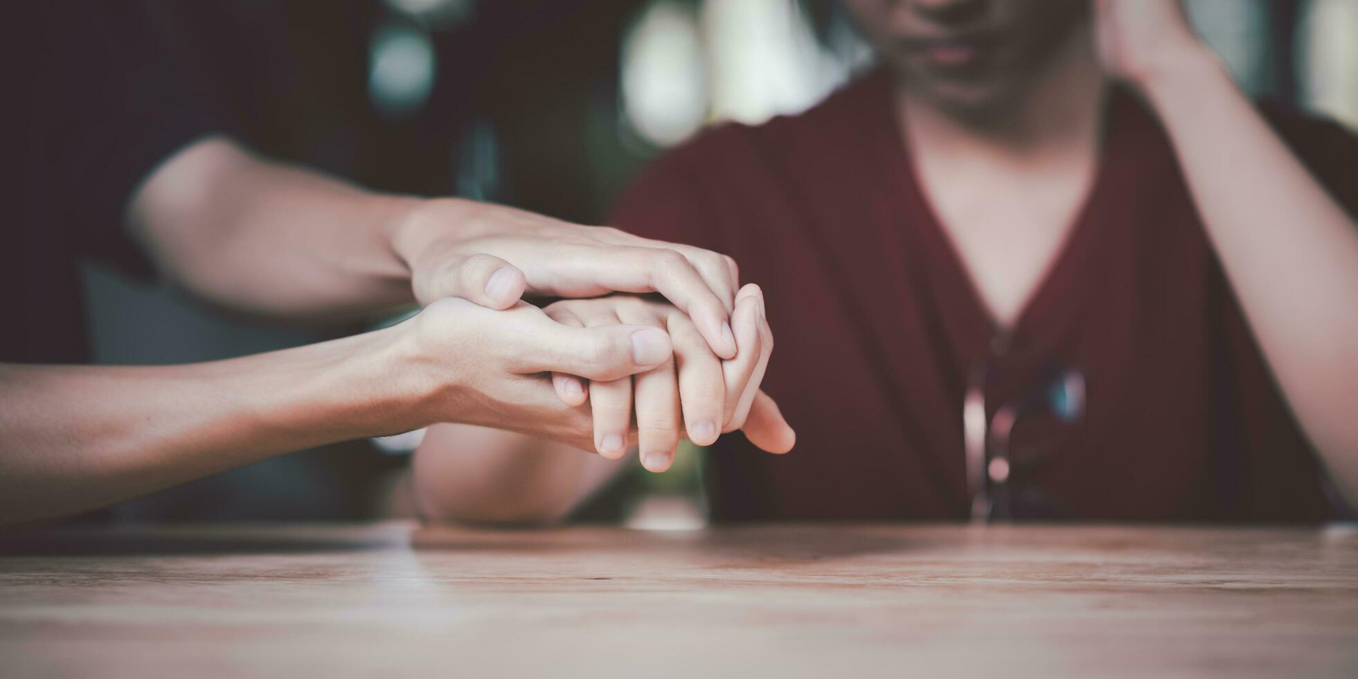 Husband and wife join hands to cheer ,Relationship care concept ,comforting family members ,mutual encouragement ,tenderness ,comfort and sympathy ,helping ,giving hope and believing photo