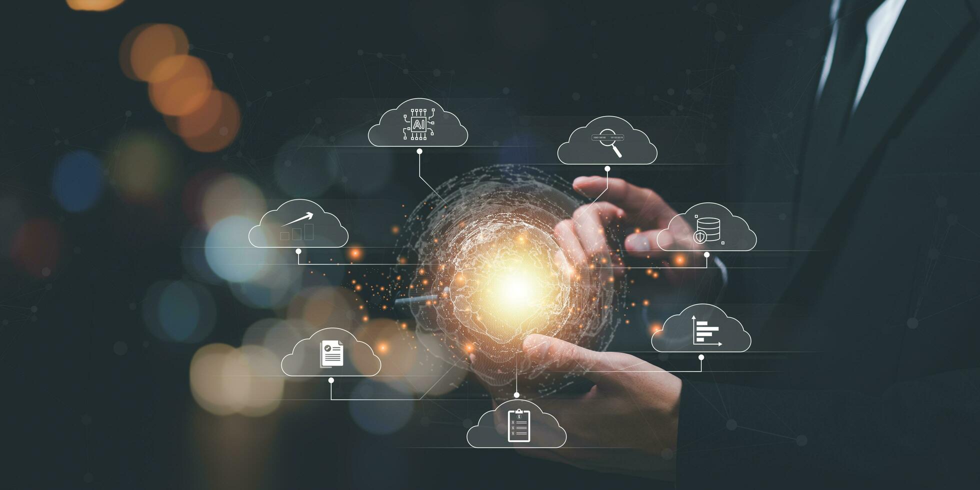 artificial intelligence future innovation, cloud computing network technology with global connection big data database ,finance and banking digital link technology ,cybersecurity management photo