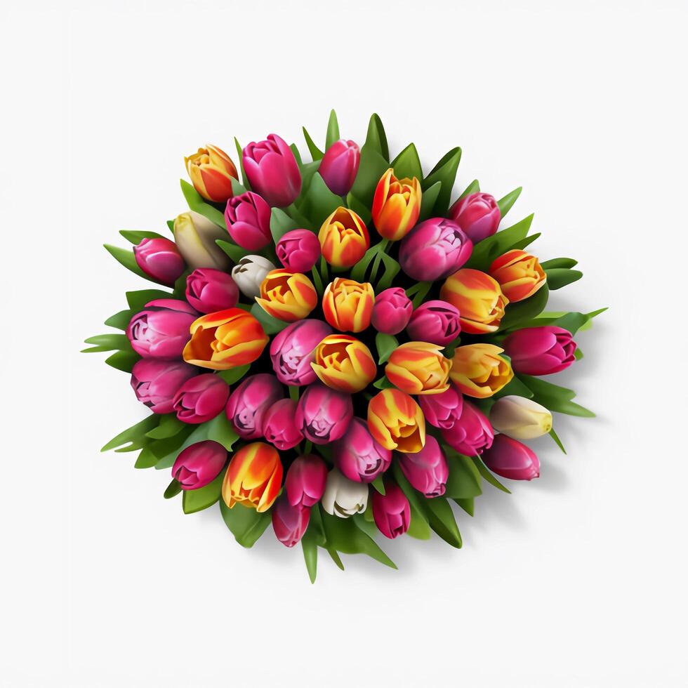 A top view of a tulip garden. Isolated white background. . photo