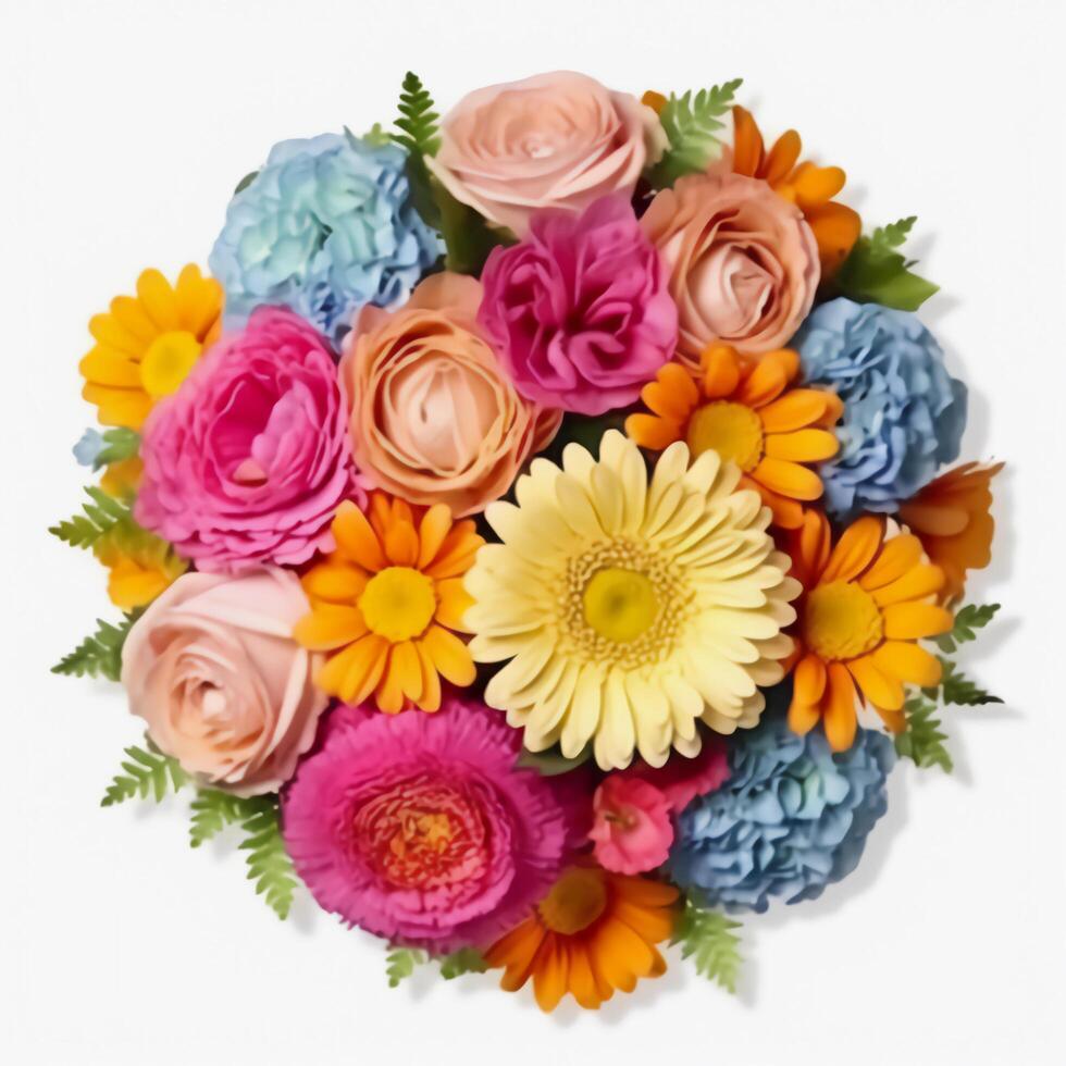 A top view of a bouquet of various colorful flowers. Isolated white background. . photo