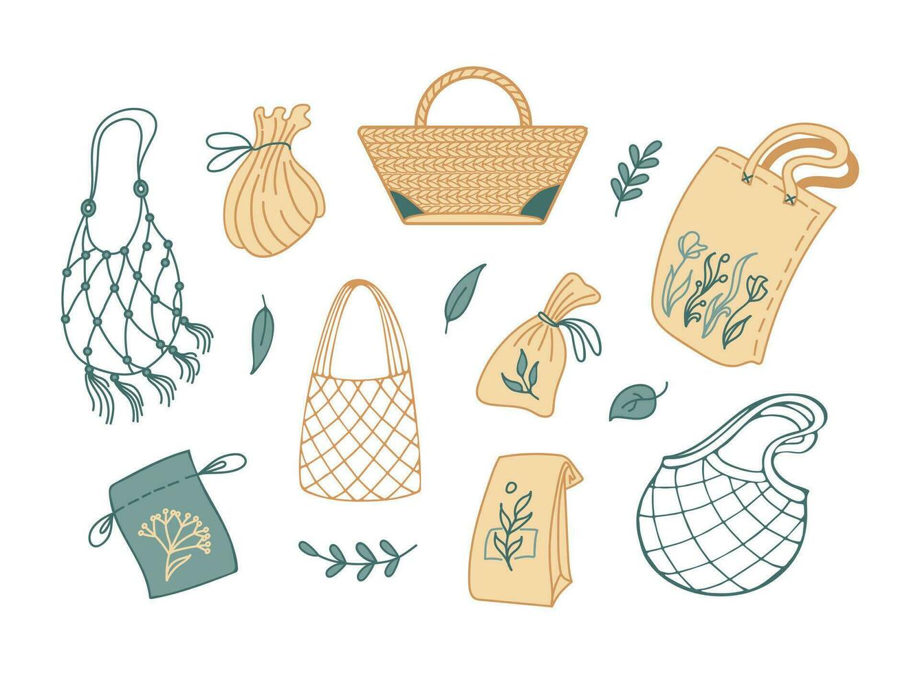 Set of eco bags. Shoppers, fabric pouches and a wicker bag with a natural composition. Floral print. Zero waste. Caring for nature. No plastic. For stickers, posters, postcards, design elements vector