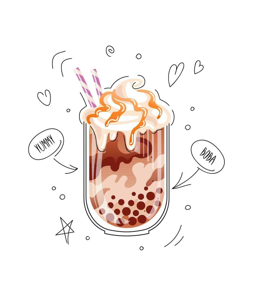 Bubble tea, pearl milk tea, boba, Taiwans drink.chewy tapioca balls grass jelly, aloe vera, red bean. With whipped cream and caramel topping. Cute doodle illustration. For menu, cafe, flyer, banner vector