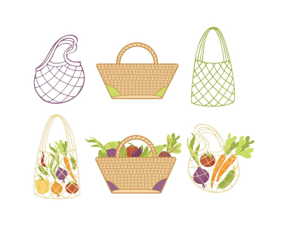 Set of eco bags. Shoppers, fabric pouches and a wicker bag empty and with vegetables. Healthy lifestyle. Zero waste. caring for nature. no plastic. For stickers, posters, postcards, design element vector