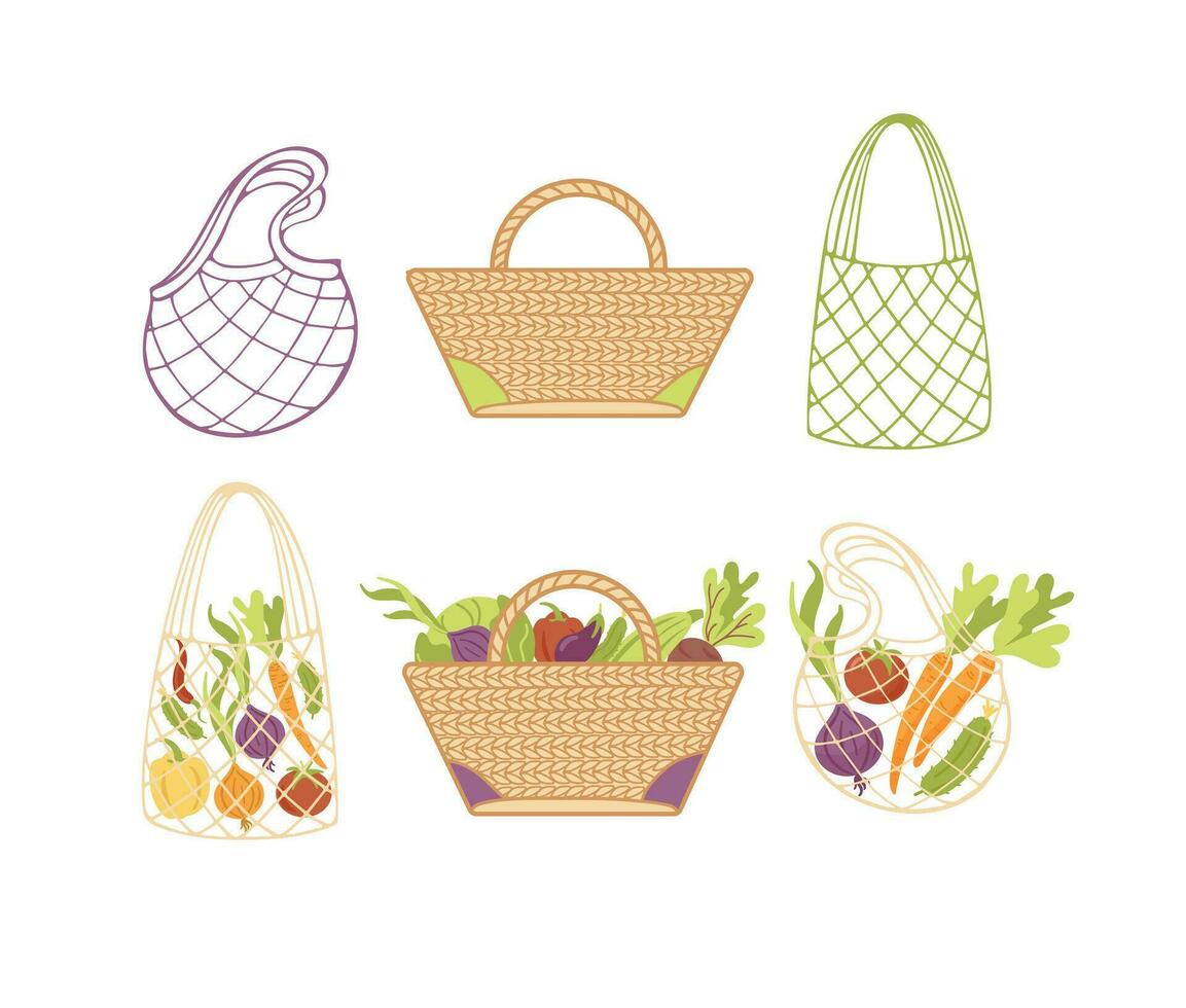 conjunto de eco bolsas. compradores, tela bolsas y un mimbre bolso vacío y con vegetales. sano estilo de vida. cero desperdiciar. cuidando para naturaleza. No el plastico. para pegatinas, carteles, postales, diseño elemento vector