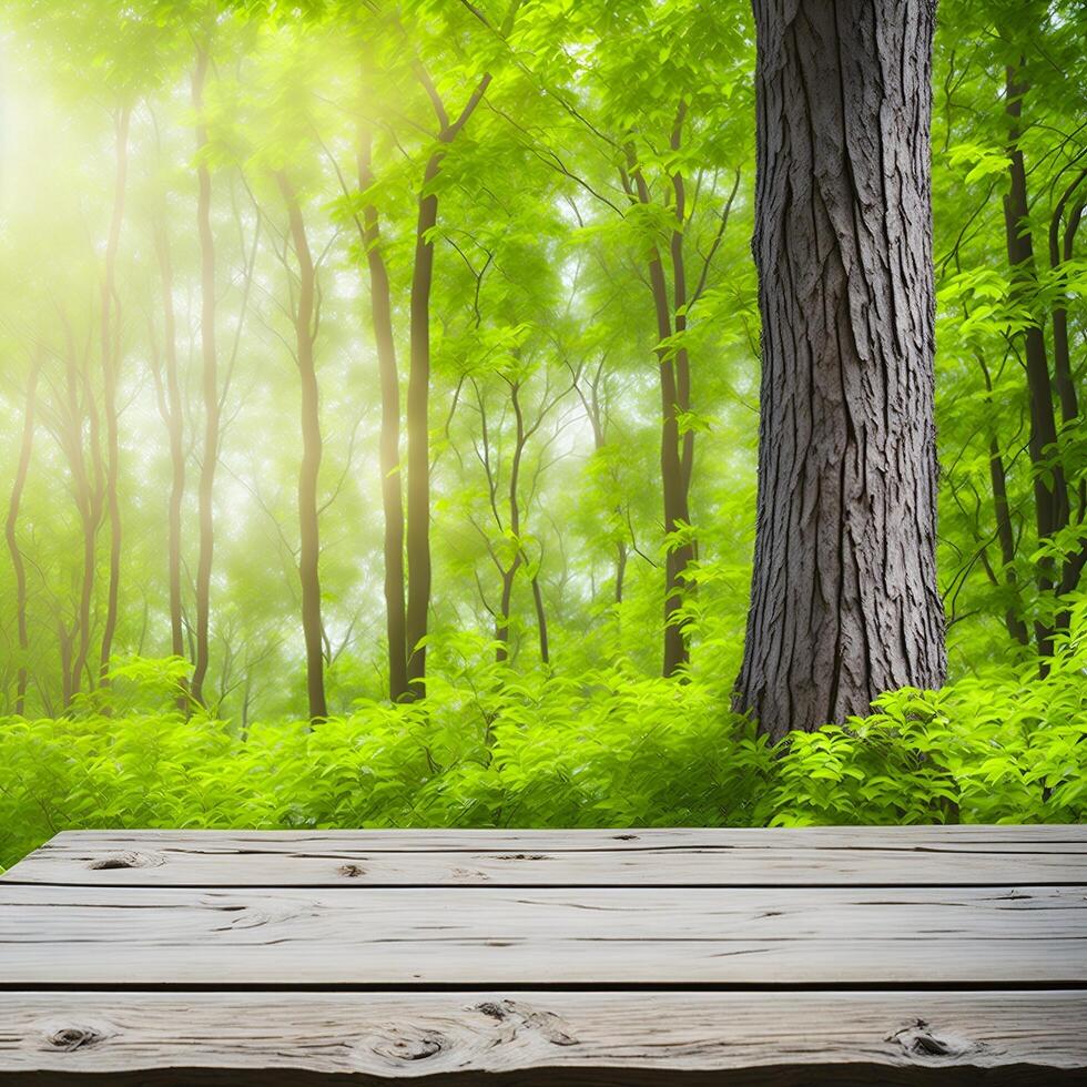 Empty wooden table with blurred green garden background. For product display. photo