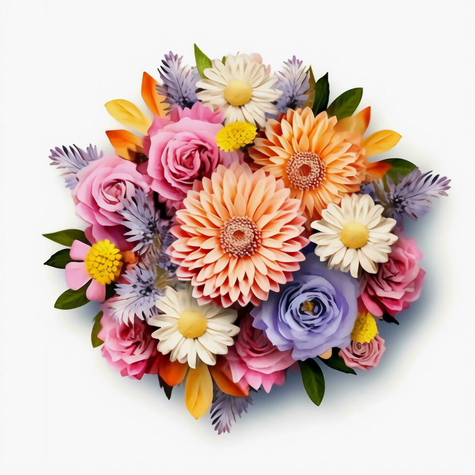 A top view of a bouquet of various colorful flowers. Isolated white background. AI Generated. photo