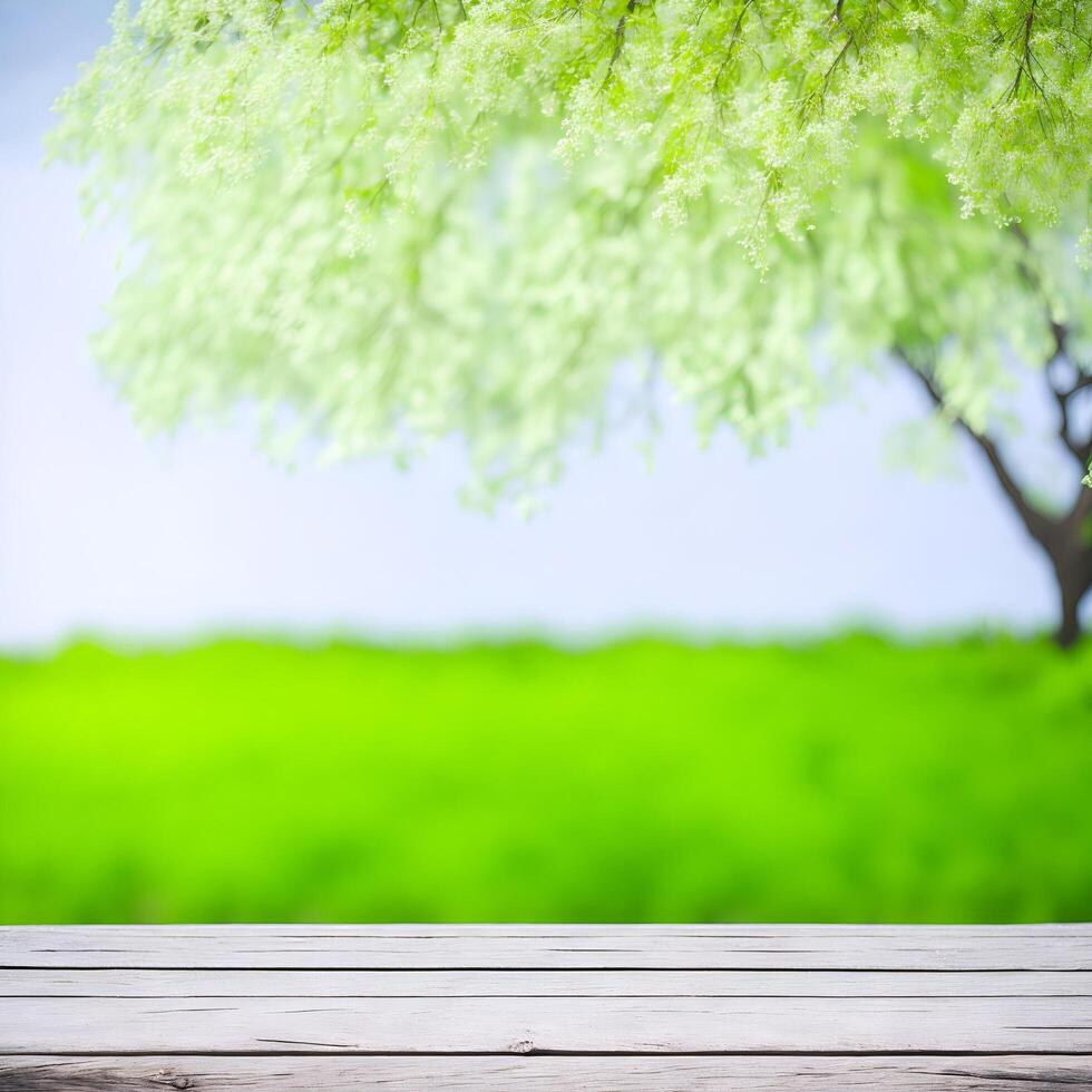 Empty wooden table with blurred green garden background. For product display. photo
