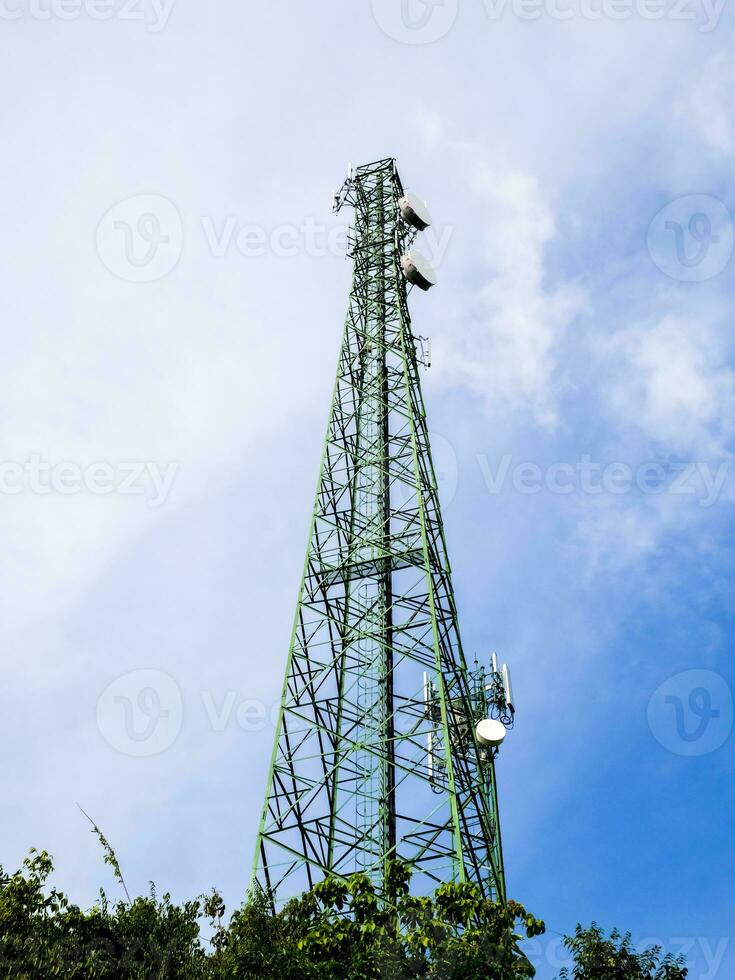 telecommunication tower with antennas. antenna on a sky. tower with antennas. phone antenna. photo