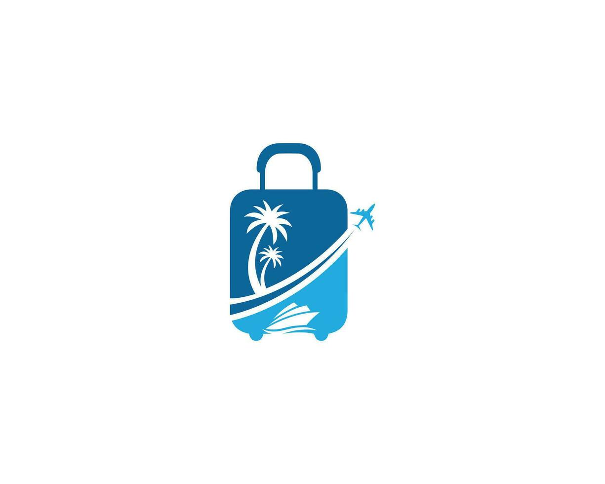 Abstract travel bag logo design with palm tree and boat symbol vector icon.