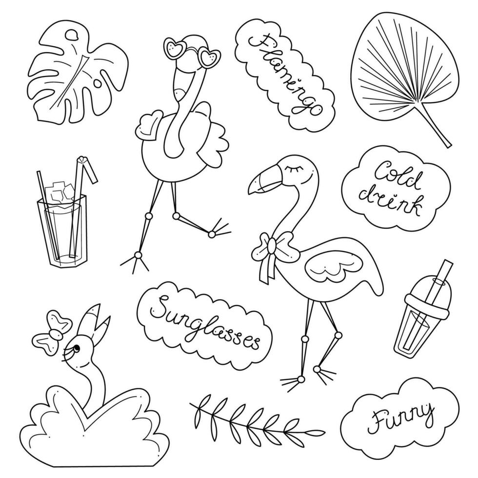 Summer set with cute flamingos and words in dialogue clouds. Doodle black and white lineart vector illustration.