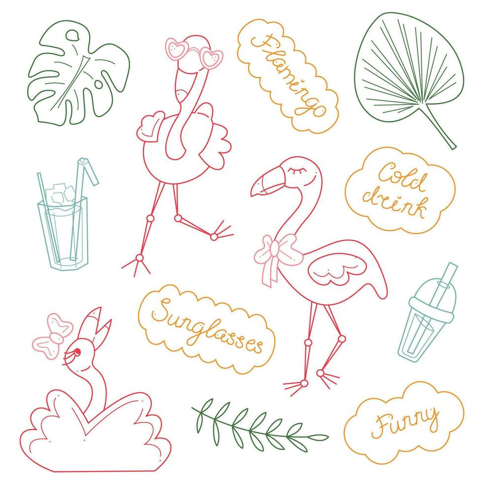 Summer set with cute flamingos and words in dialogue clouds. Doodle color lineart vector illustration.