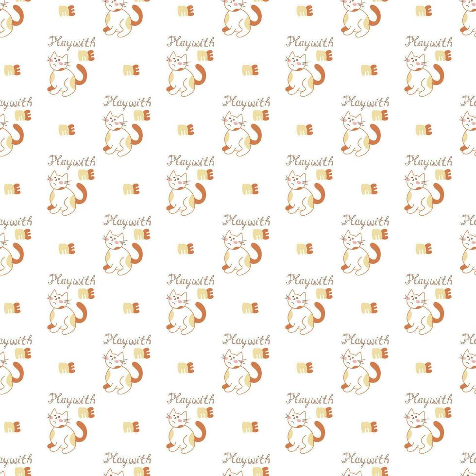 Seamless pattern with cute cat asking to play with him. Doodle color vector illustration.