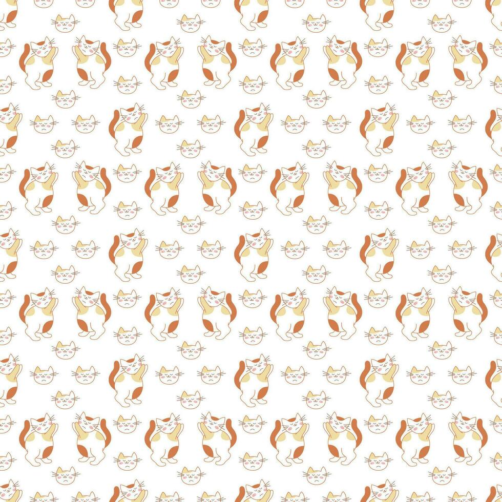 Seamless pattern with a cute cat, which asks for hands and a cat's muzzle. Doodle color vector illustration.