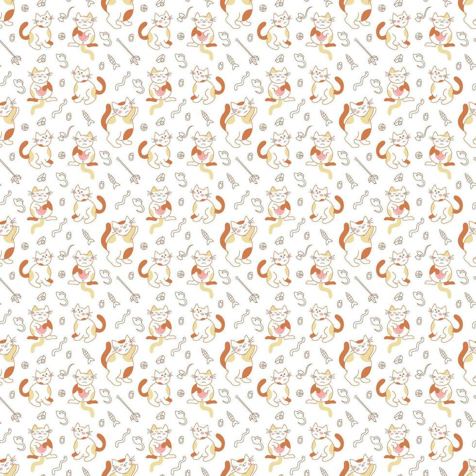 Seamless pattern with three cute cats and cat toys. Doodle color vector illustration.