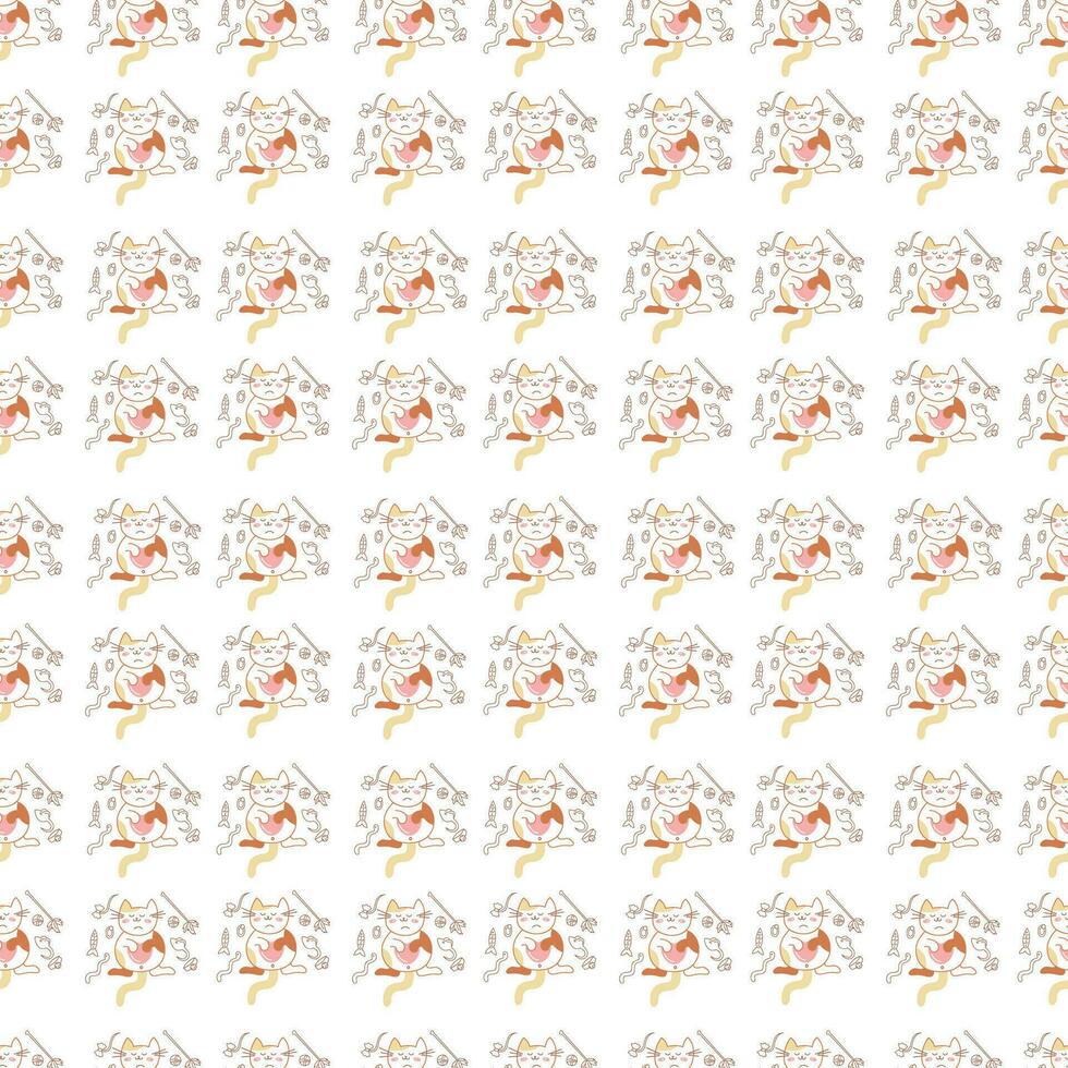 Seamless pattern with cute cat and pet toys. Doodle color vector illustration.