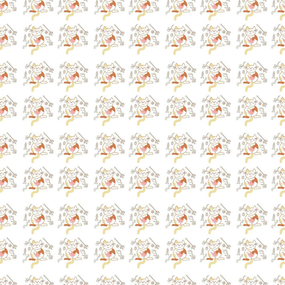 Seamless pattern with cute cat and pet toys. Doodle color vector illustration.