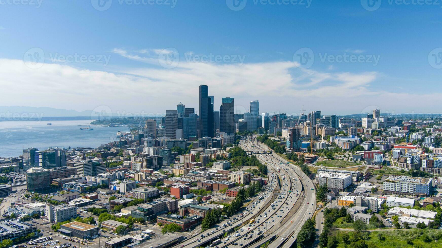 Aerial view of the Seattle, WA skyline in June photo