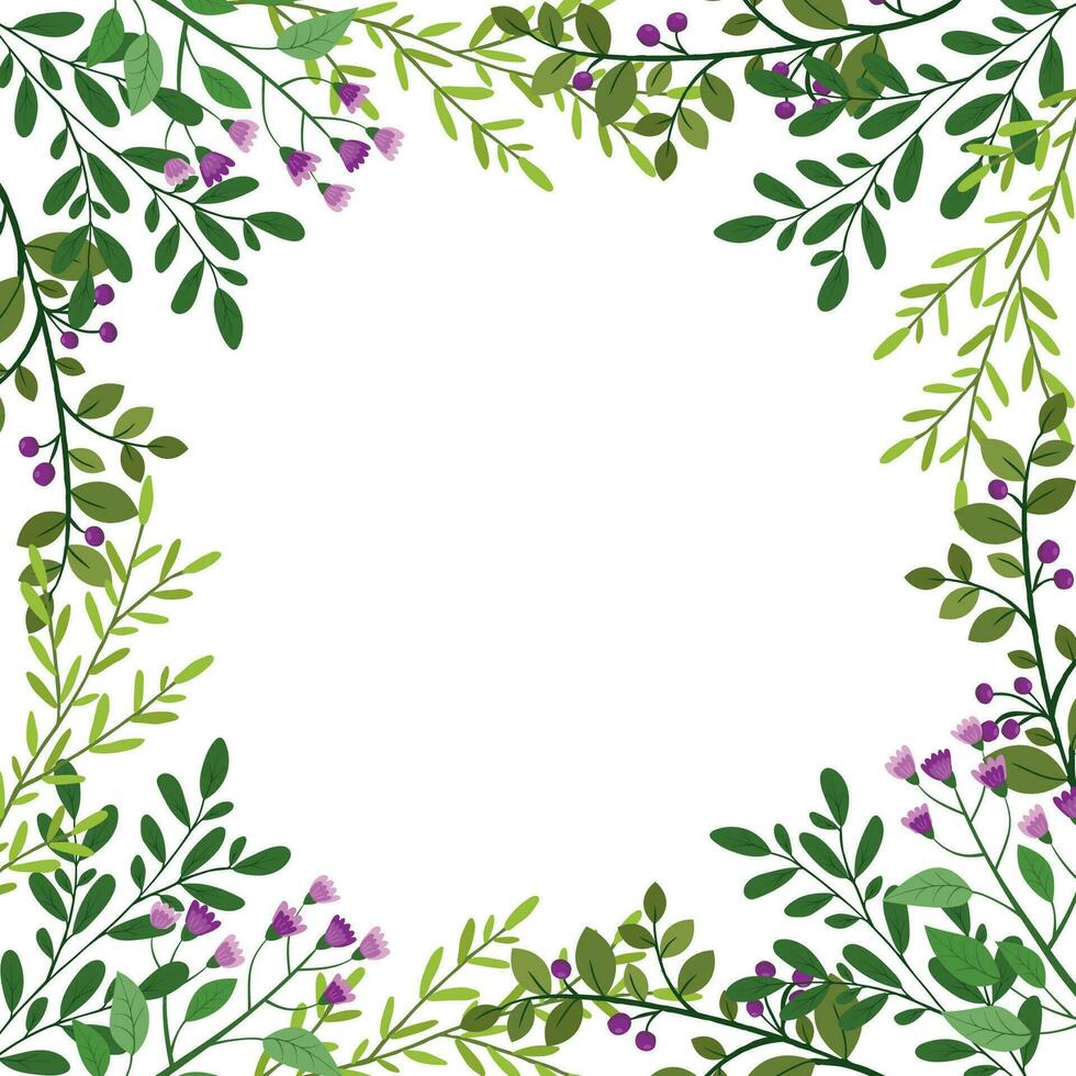 Cute hand drawn frame with floral elements, herbs, leaves, flowers, twigs. Vector illustration for wedding design, logo and greeting card.