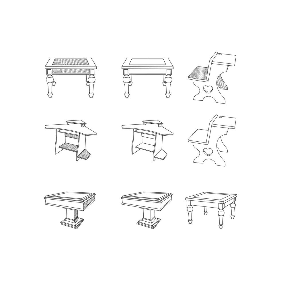 Set collection design of Table Mahjong And Student Desk Modern outline style icons. Stroke vector illustration on a white background.