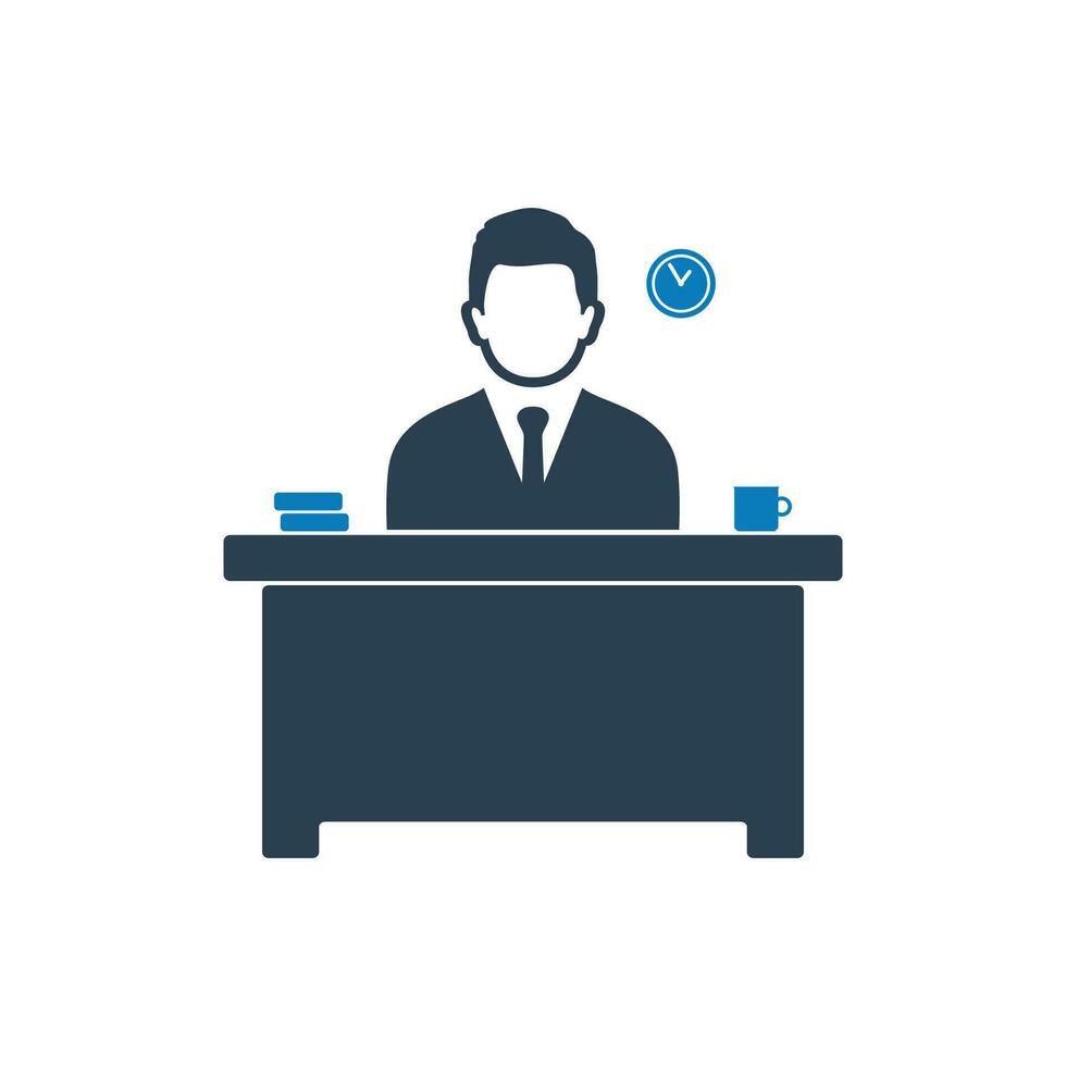 Business Office Icon. With Businessman, Clock, Desk and Book Symbols. Editable Flat Vector Illustration.