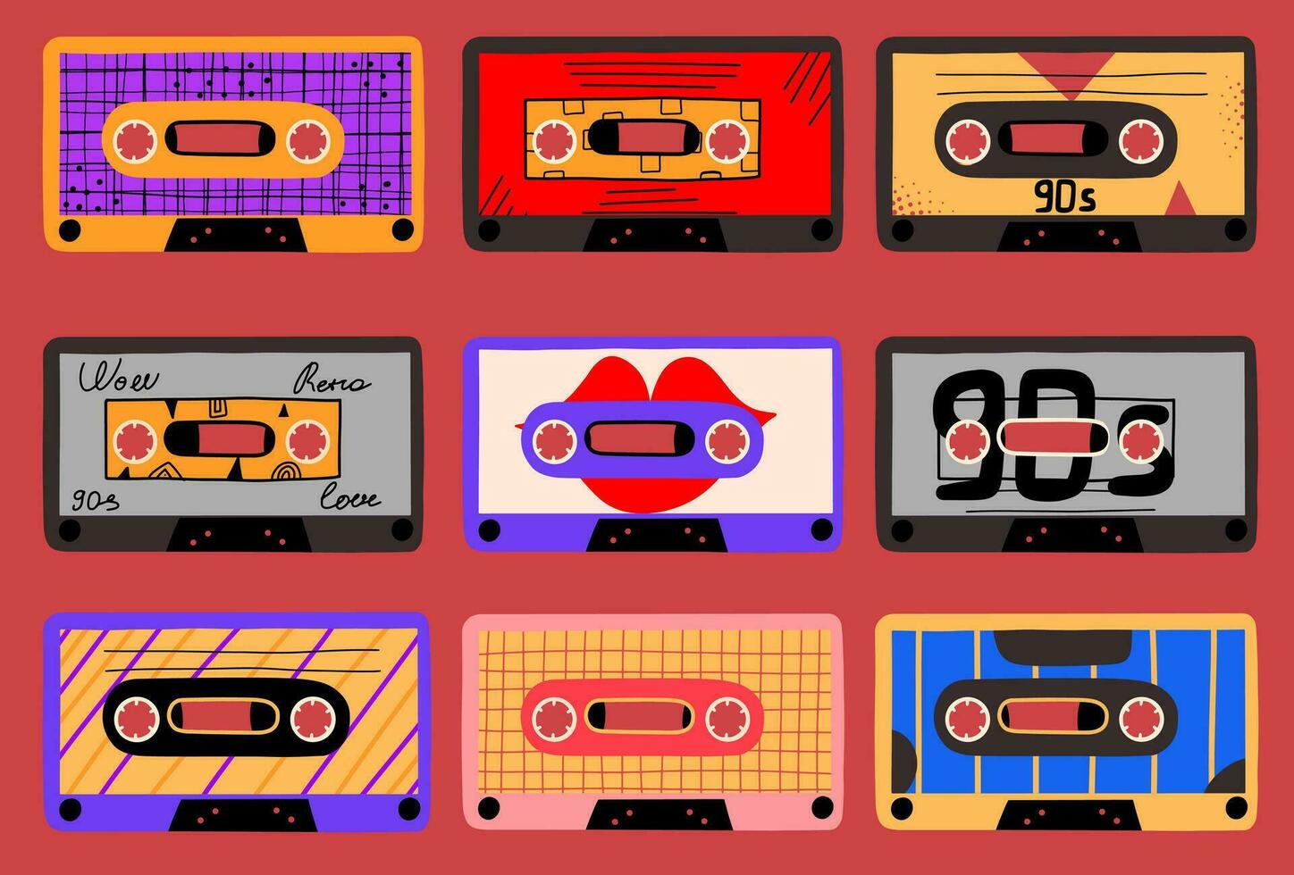 Set of retro design audio cassettes. Collection of elements 1990s, 1980s. Vintage stickers, icons. Vector illustration in flat style