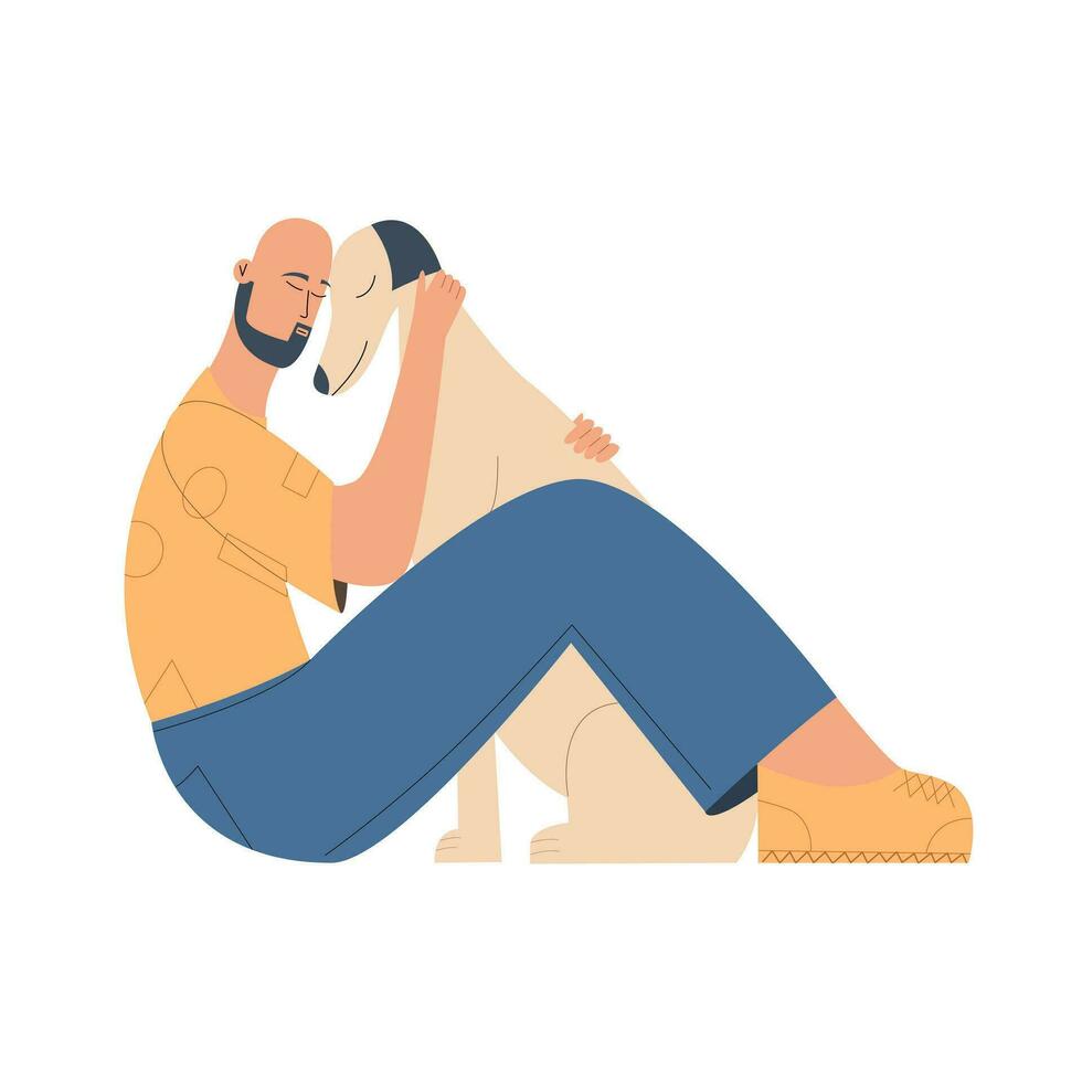 A man hugs his pet dog. Emotional support for animals. Vector illustration in flat style.